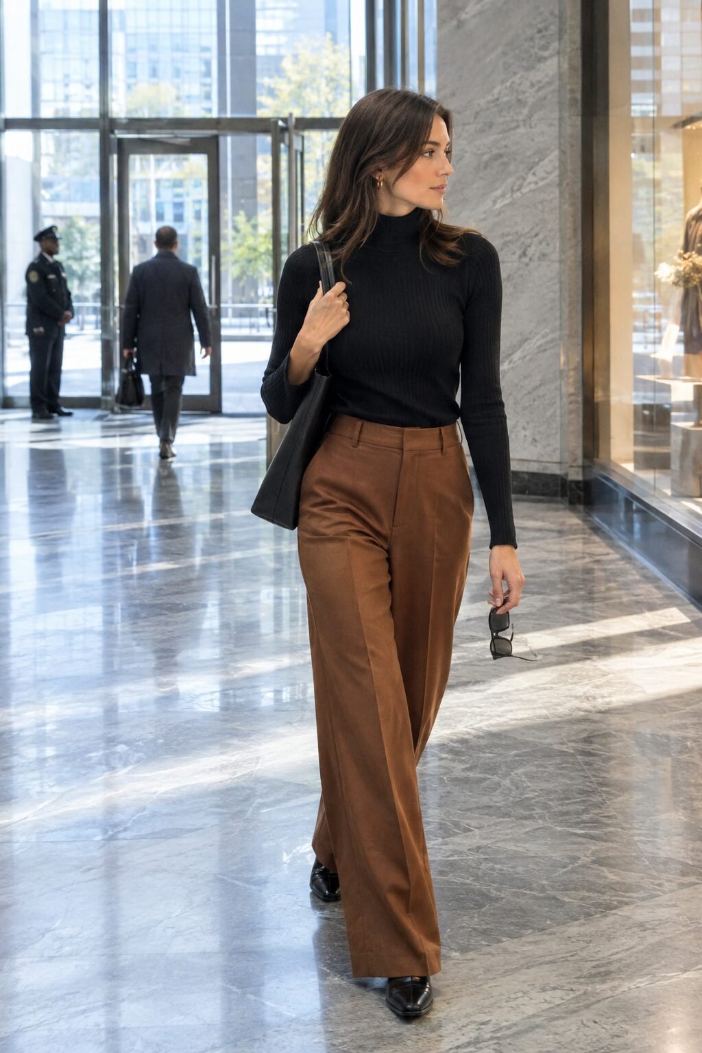 how to style wide-leg trousers with a fitted black turtleneck and burnt cinnamon wide-leg pants