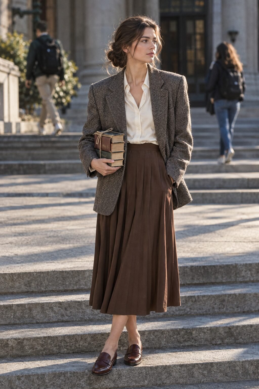 old money dark academia fall outfit: gray herringbone blazer, ivory silk blouse, and pleated coffee-brown midi skirt