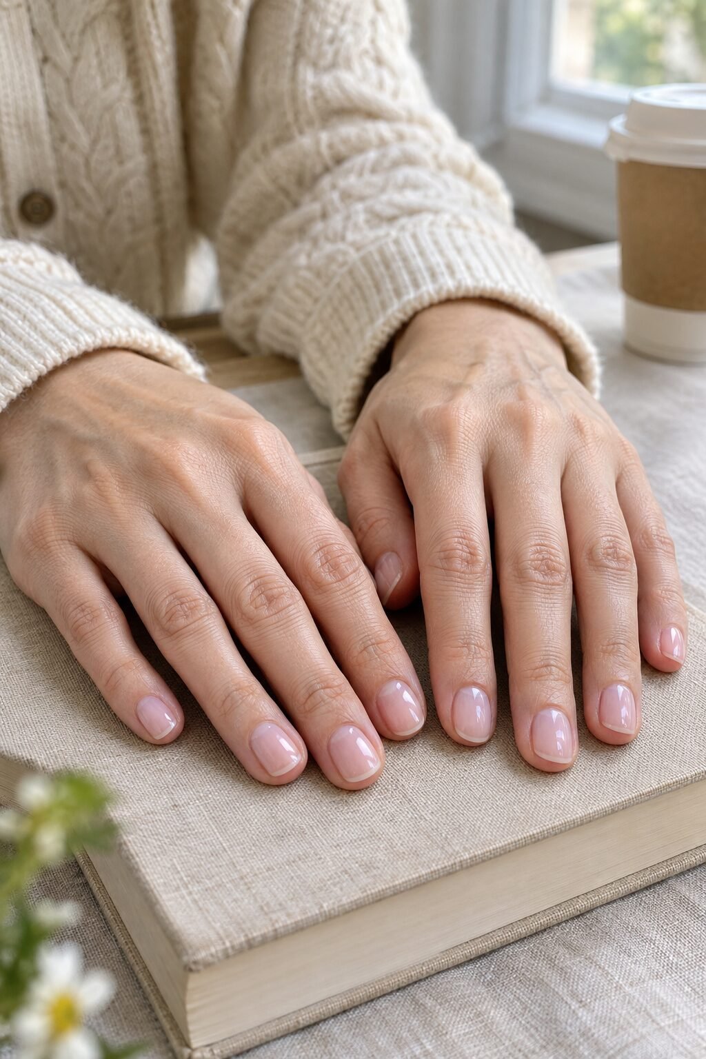 close-up of short sheer milky pink old money nails, both hands resting on a linen-covered book