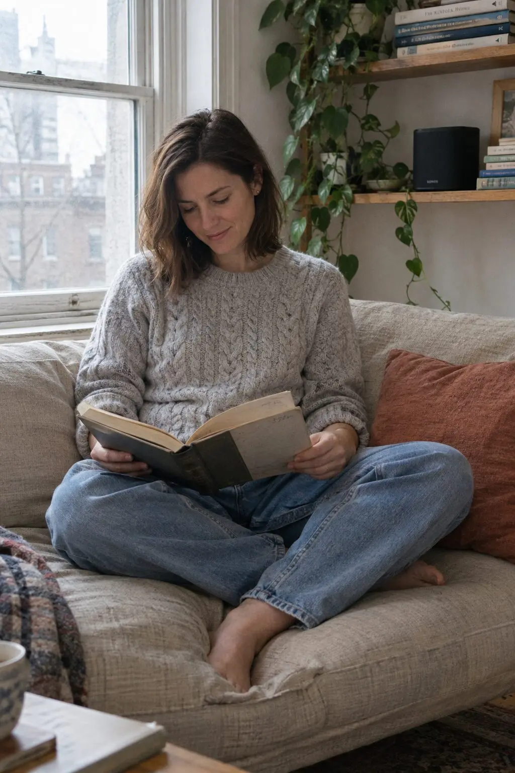 A woman in a grey knit reading on a sofa by a window with a small speaker on the shelf behind her