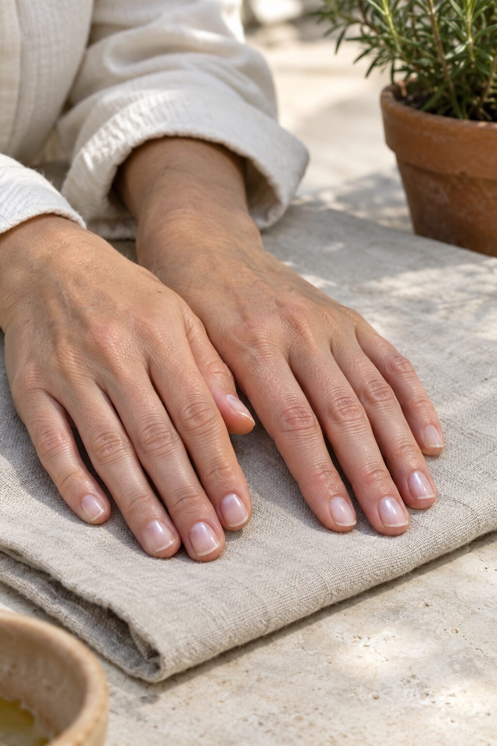 close-up of bare natural nails with a soft pearly shine resting on a linen napkin, the finish of a Japanese manicure