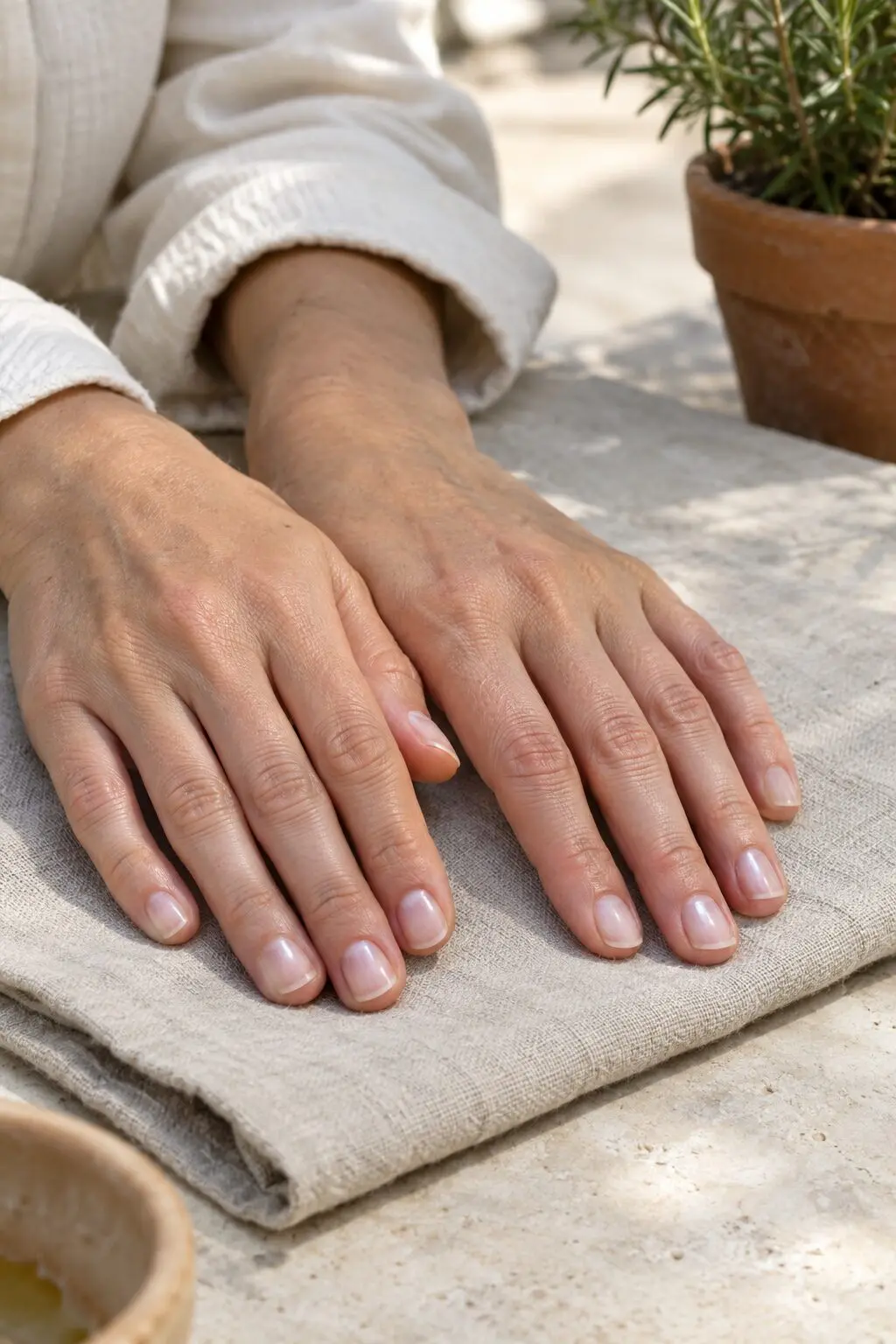 close-up of bare natural nails with a soft pearly shine resting on a linen napkin, the finish of a Japanese manicure