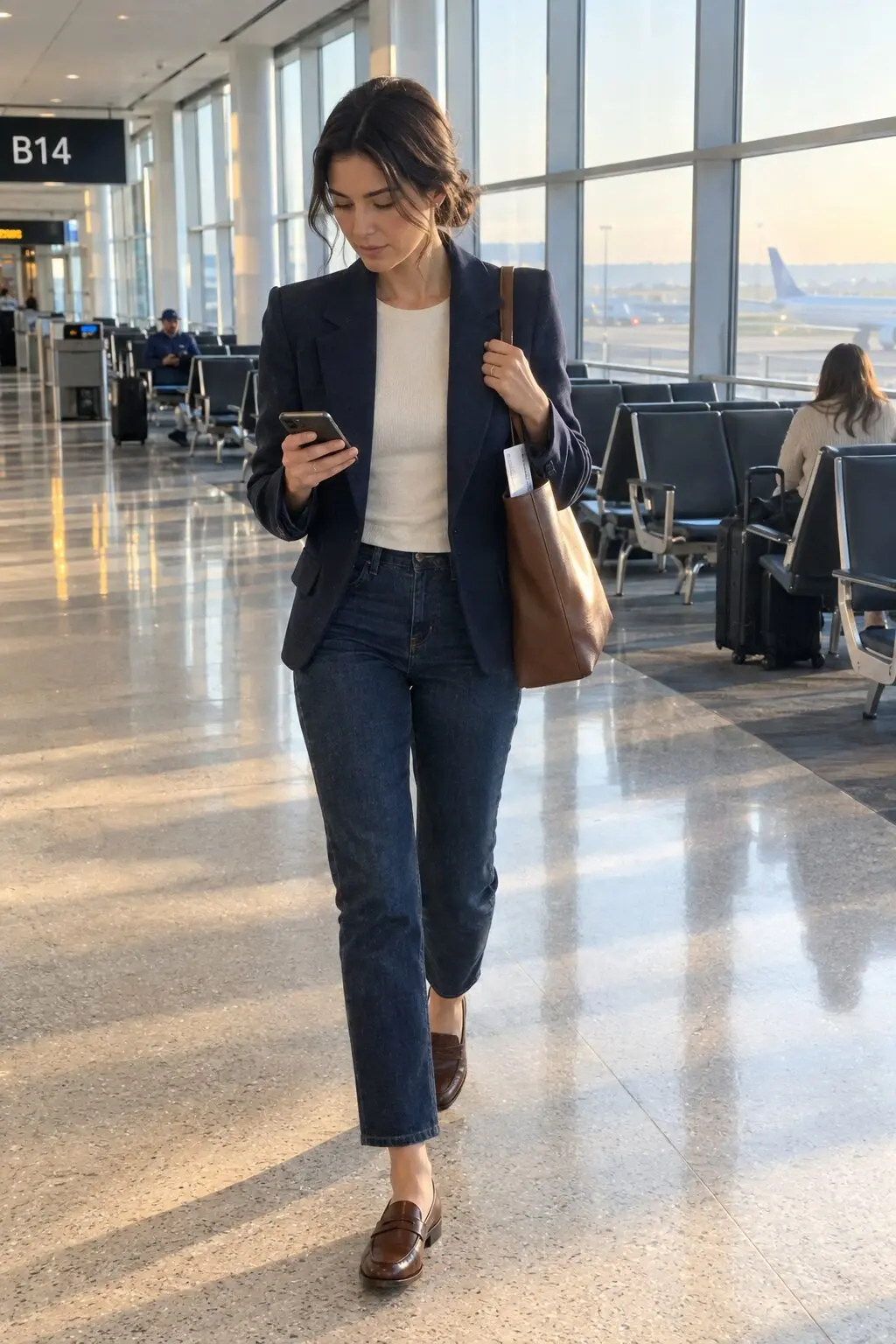 wrinkle-free travel capsule wardrobe flight day outfit: navy ponte blazer, dark jeans, and cocoa loafers