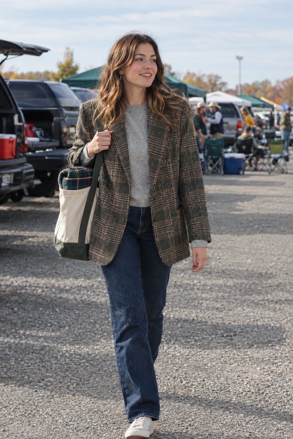 old money tailgate outfit: glen plaid oversized blazer over heather grey cashmere crewneck with straight denim