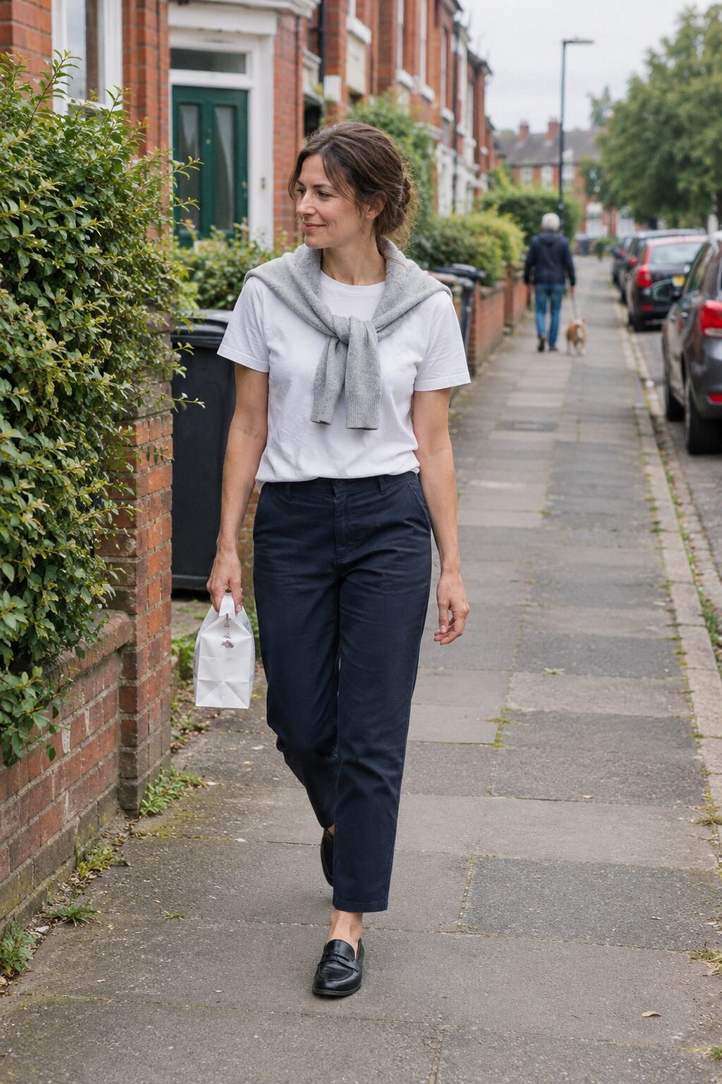 a woman walking unhurried along an ordinary residential street in soft black leather loafers with a light grey cashmere crew sweater knotted over her shoulders