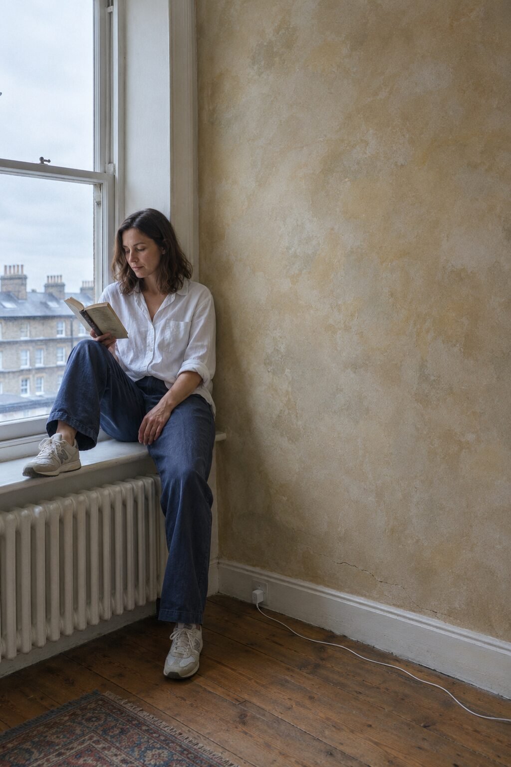 old money italy house corner with warm limewashed plaster walls, a woman in a white linen shirt reading on the window seat on an overcast day