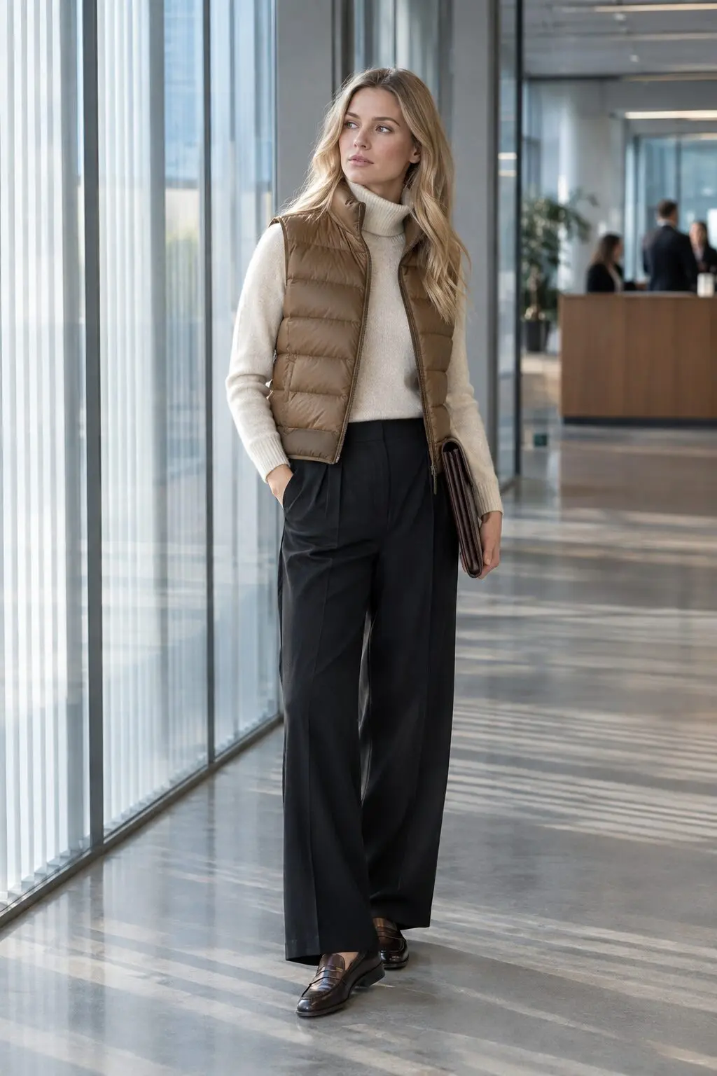 how to style a quilted vest with a turtleneck: camel puffer vest over a cream cashmere turtleneck and wide-leg trousers