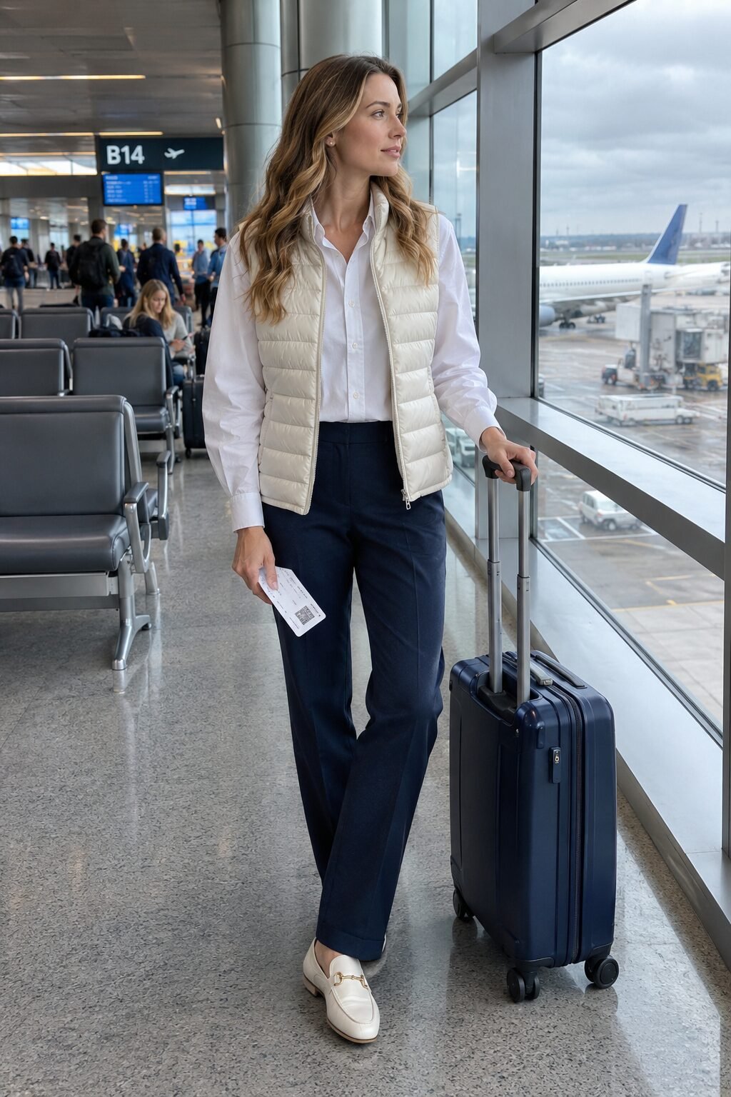 carry-on capsule wardrobe airport outfit: white poplin shirt, off-white puffer vest, and navy ponte trousers