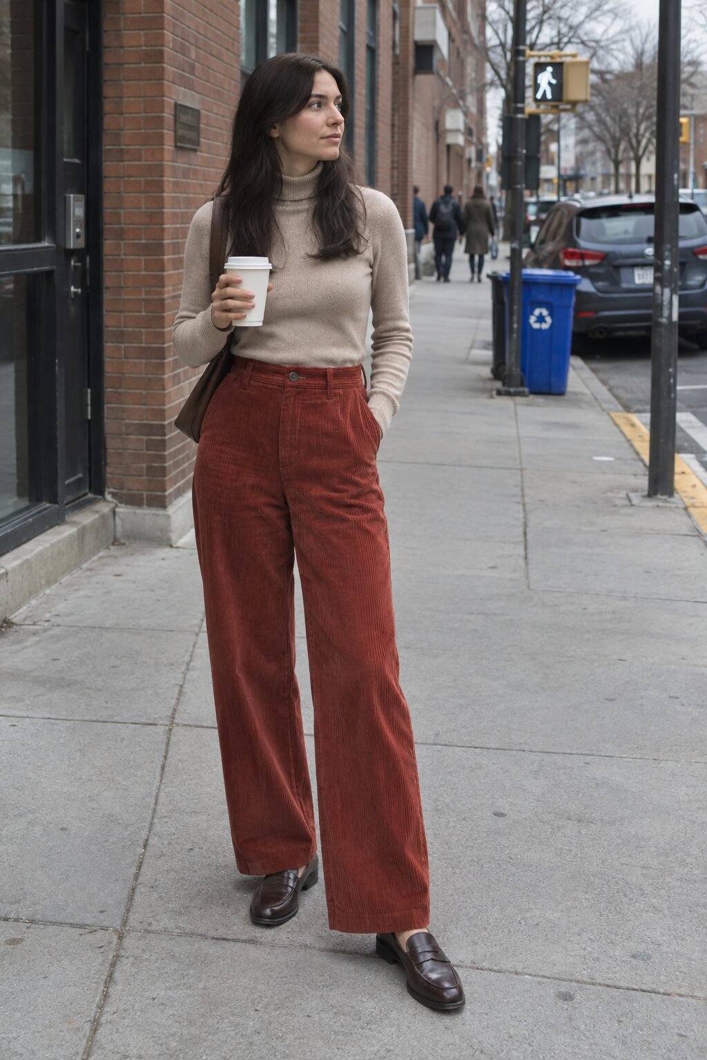 how to style corduroy pants with a beige cashmere turtleneck, brick red wide-leg corduroy pants and brown penny loafers