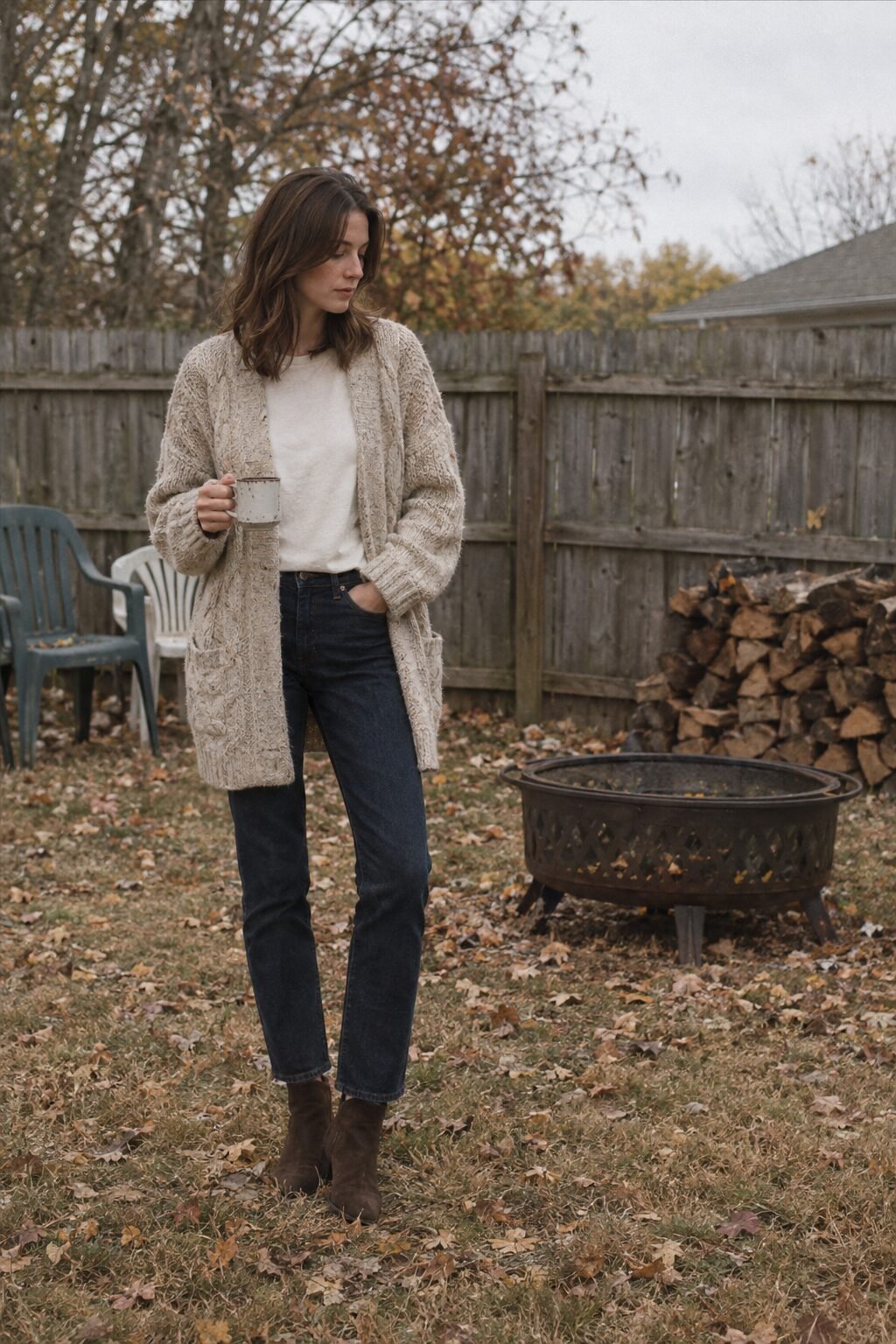 woman in an oatmeal cable-knit cardigan, dark straight jeans and dark brown suede ankle boots for a cozy Halloween bonfire