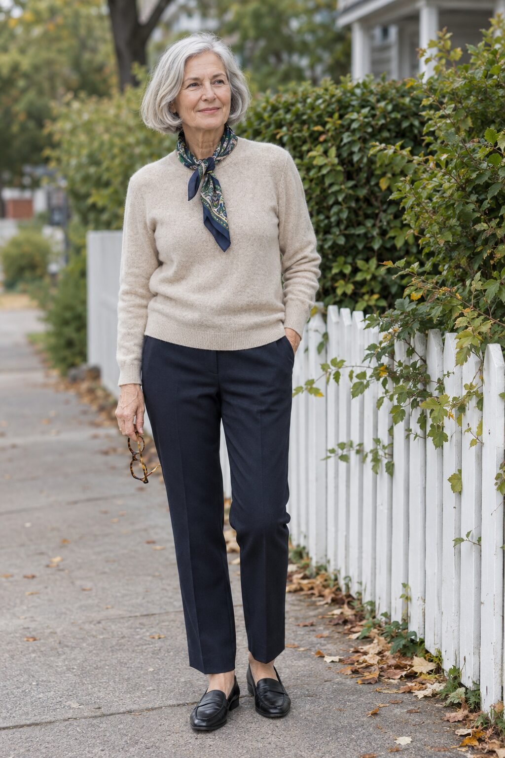 how to style a silk scarf as a loose neck knot over a beige cashmere crewneck with navy pull-on trousers