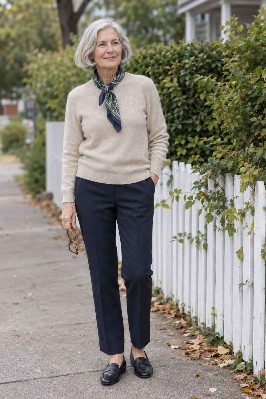 how to style a silk scarf as a loose neck knot over a beige cashmere crewneck with navy pull-on trousers