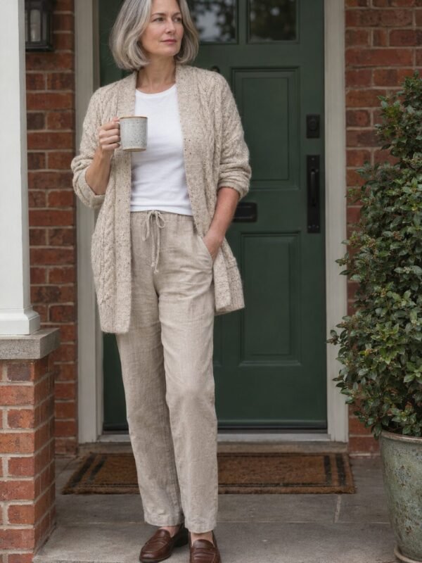 Cozy fall outfit: cable cardigan + linen trousers + penny loafers