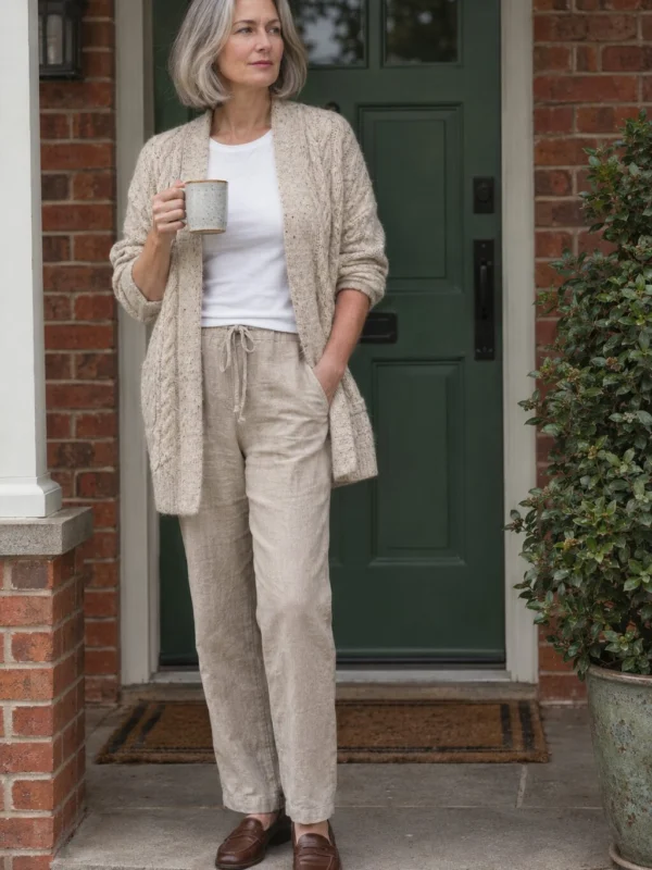 Cozy fall outfit: cable cardigan + linen trousers + penny loafers