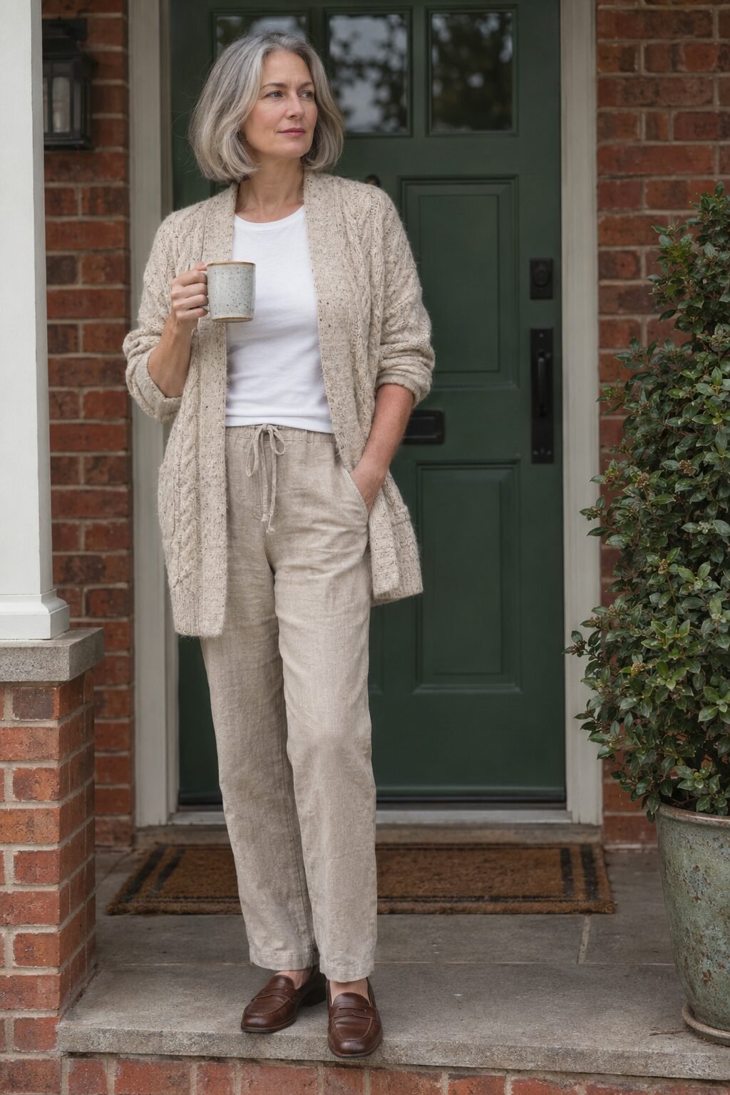 affordable coastal grandmother fall outfit: speckled cable cardigan, natural linen pants and cocoa penny loafers