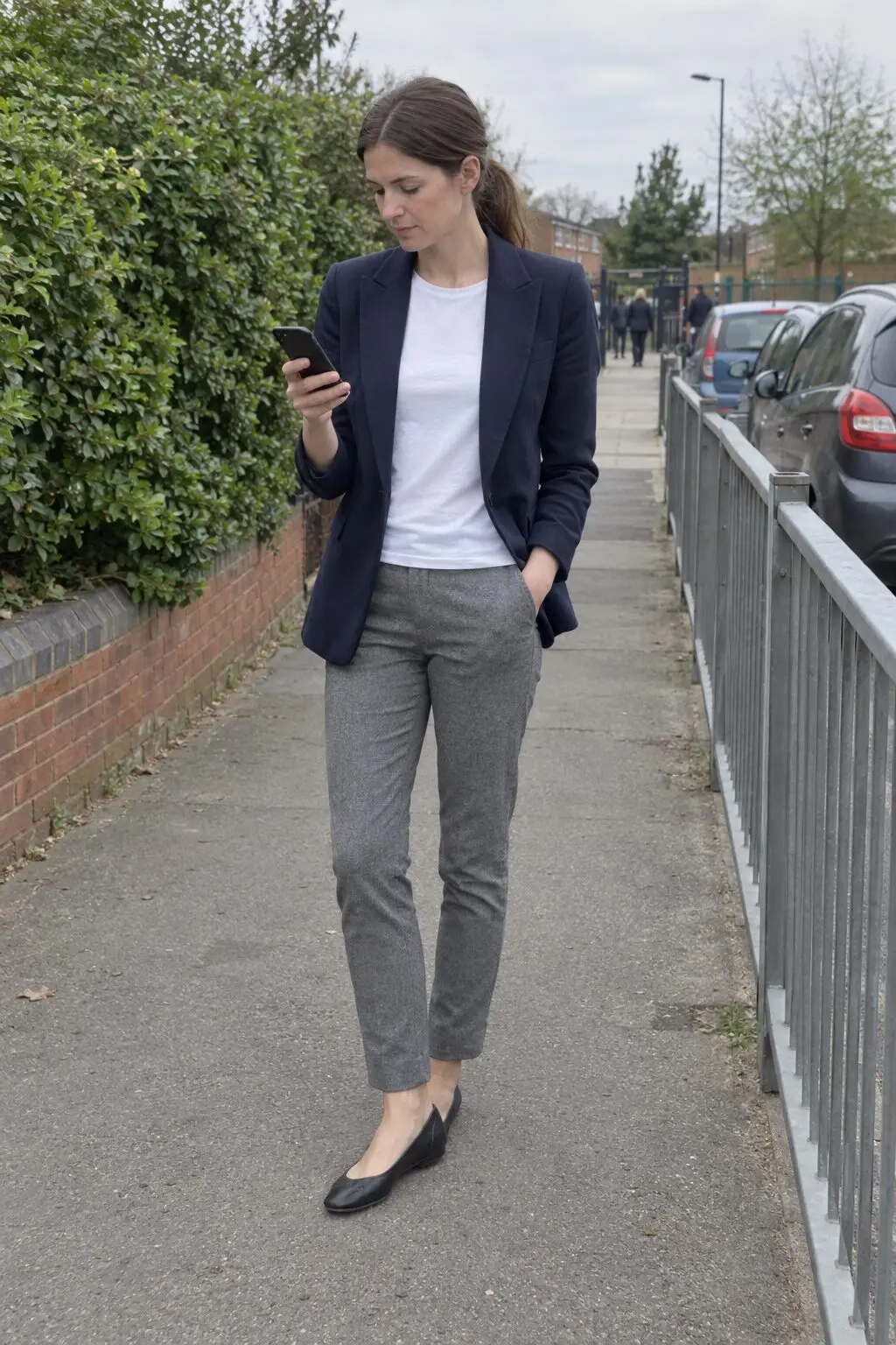 wrinkle free outfits for busy moms: navy ponte blazer with heathered grey ponte trousers