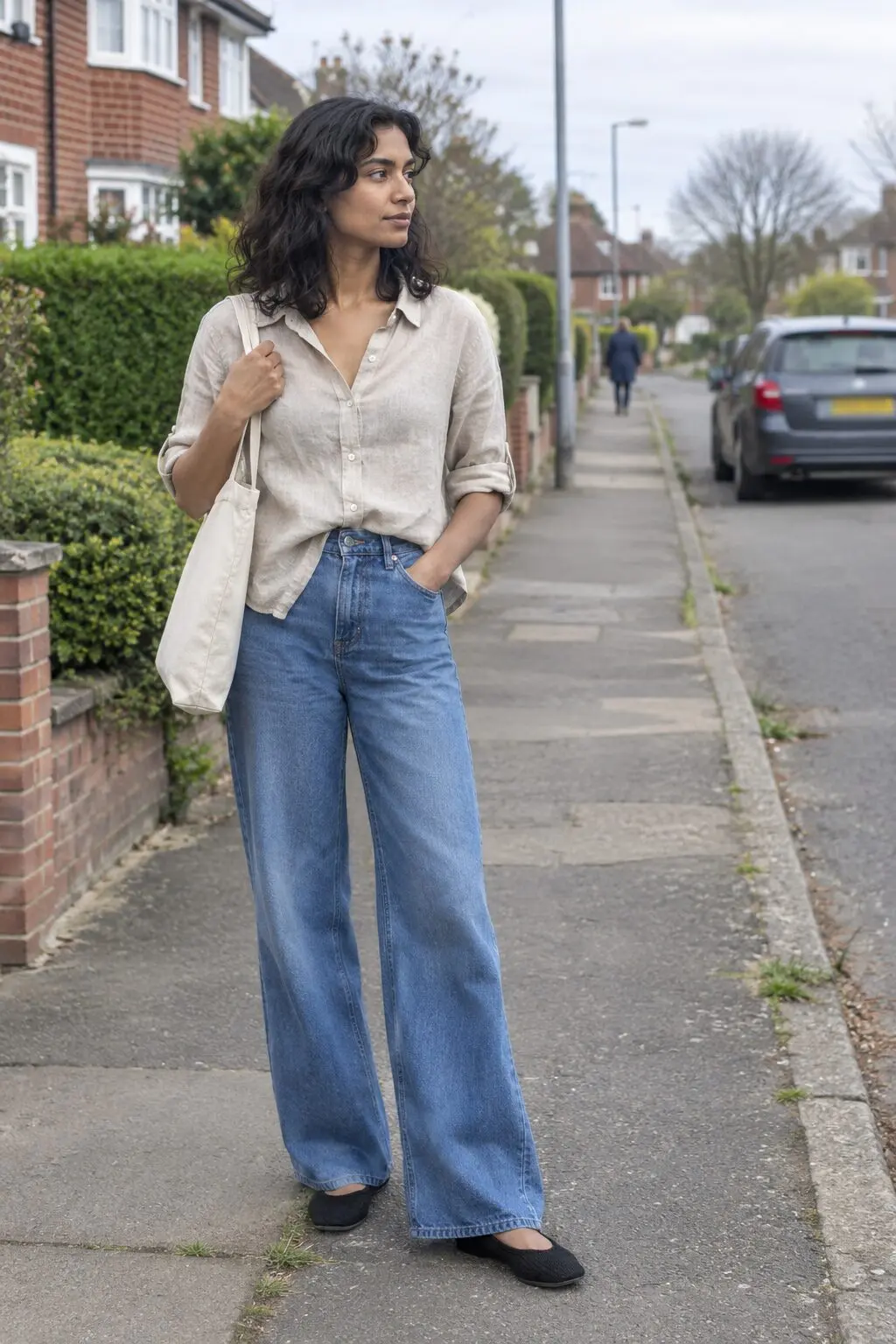 how to style a linen shirt half-tucked into mid-blue wide-leg jeans with black knit flats