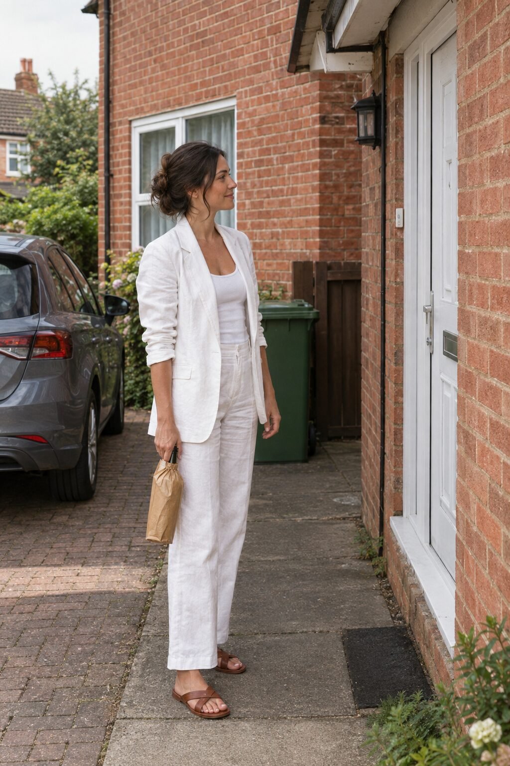 old money white outfit: white linen blazer and matching linen trousers with a white ribbed tank and tan leather crossover sandals