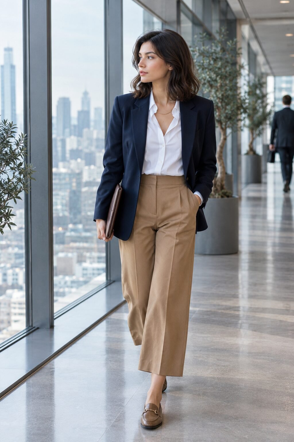 old money office outfit: open-collar white oxford shirt, camel wide-leg trousers and navy blazer with a simple gold chain