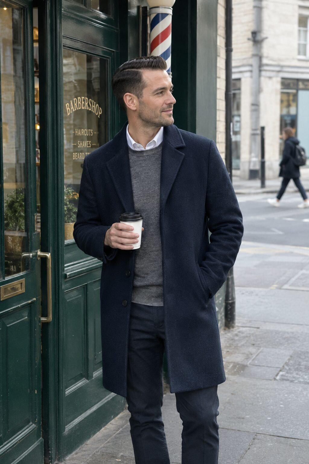 gentleman side part haircut with a sharp defined parting on a man in a navy coat