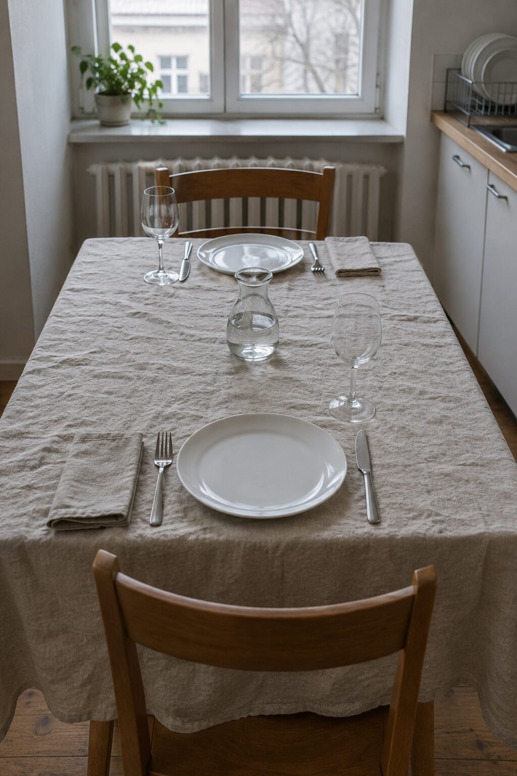 elegant table setting for two on a rumpled white linen tablecloth with two place settings and taper candles