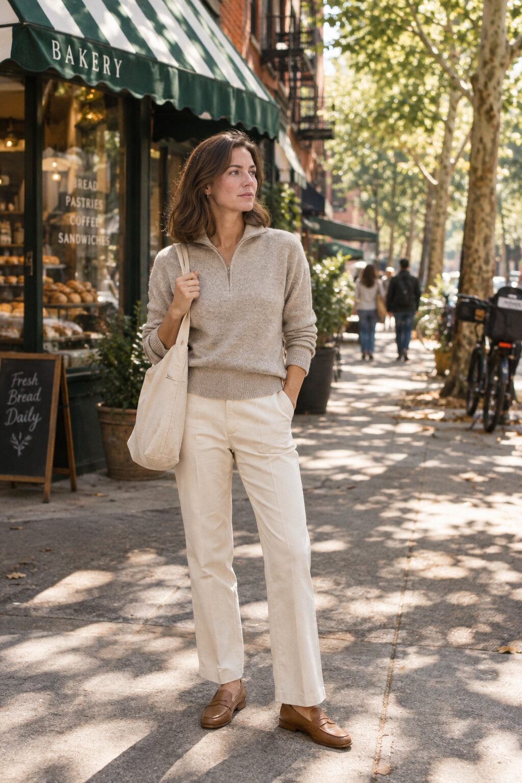 how to look rich and classy: woman in a heathered oat merino half-zip sweater and cream trousers