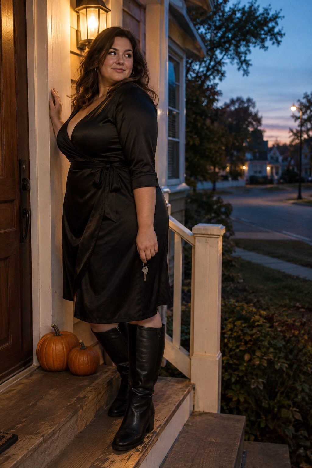 elevated plus size halloween outfit: black satin wrap dress with wide-calf tall boots