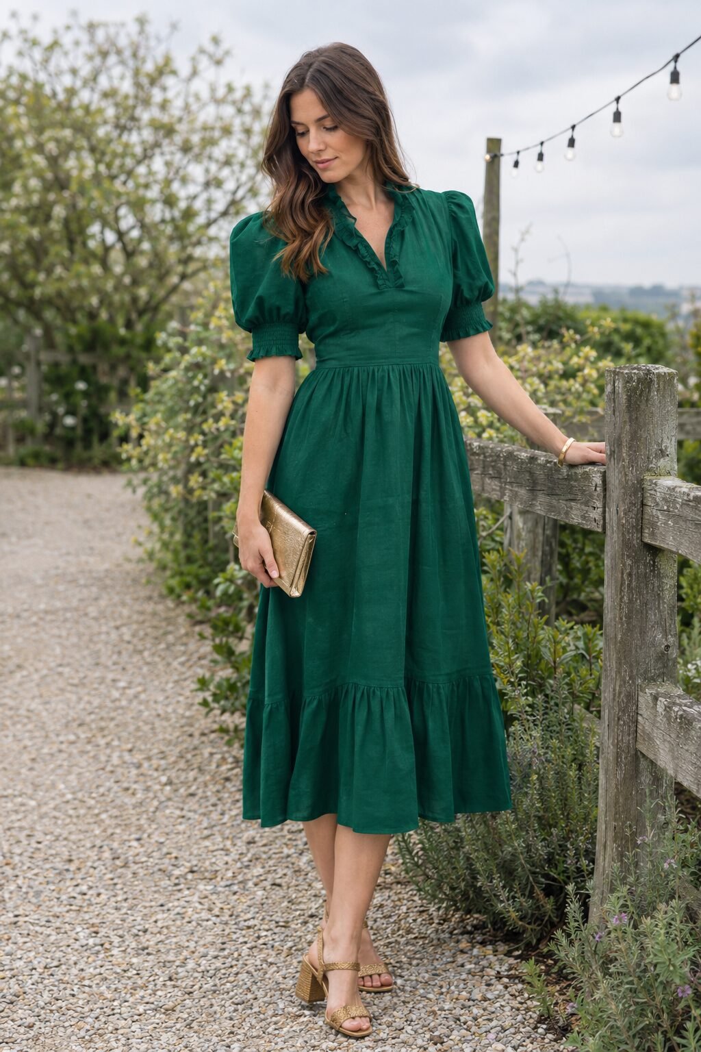 wedding guest outfit with gold bracelet: emerald green puff-sleeve midi dress and gold raffia block heels