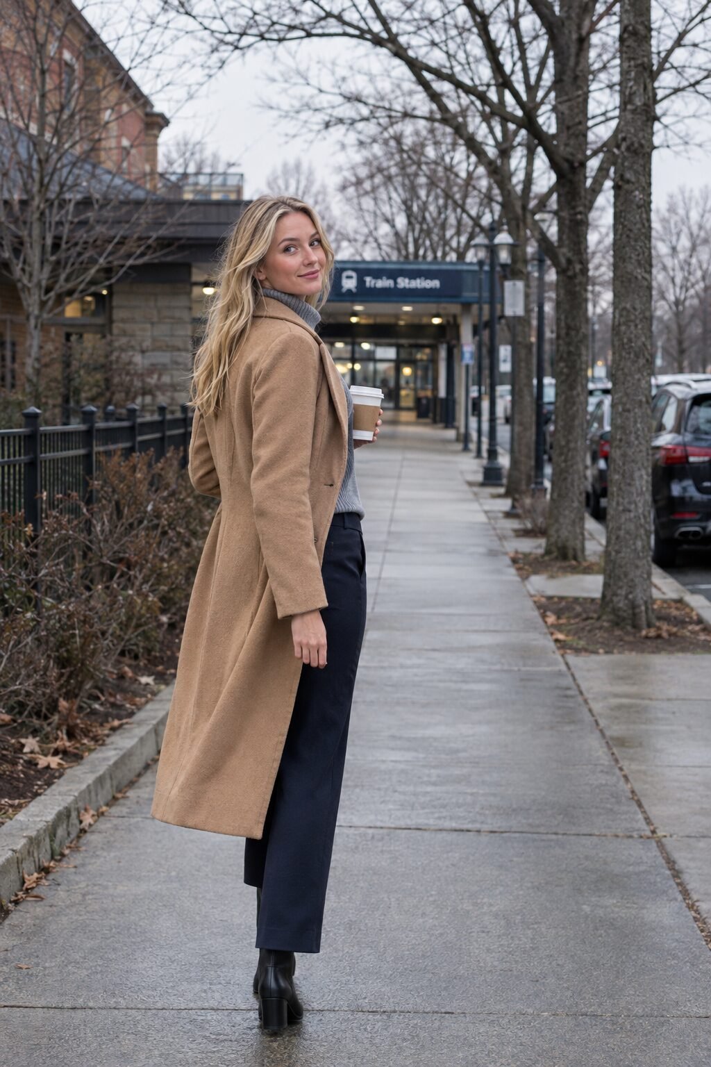cashmere outfit for winter: heather grey ribbed turtleneck tucked into navy trousers under a camel wool trench coat