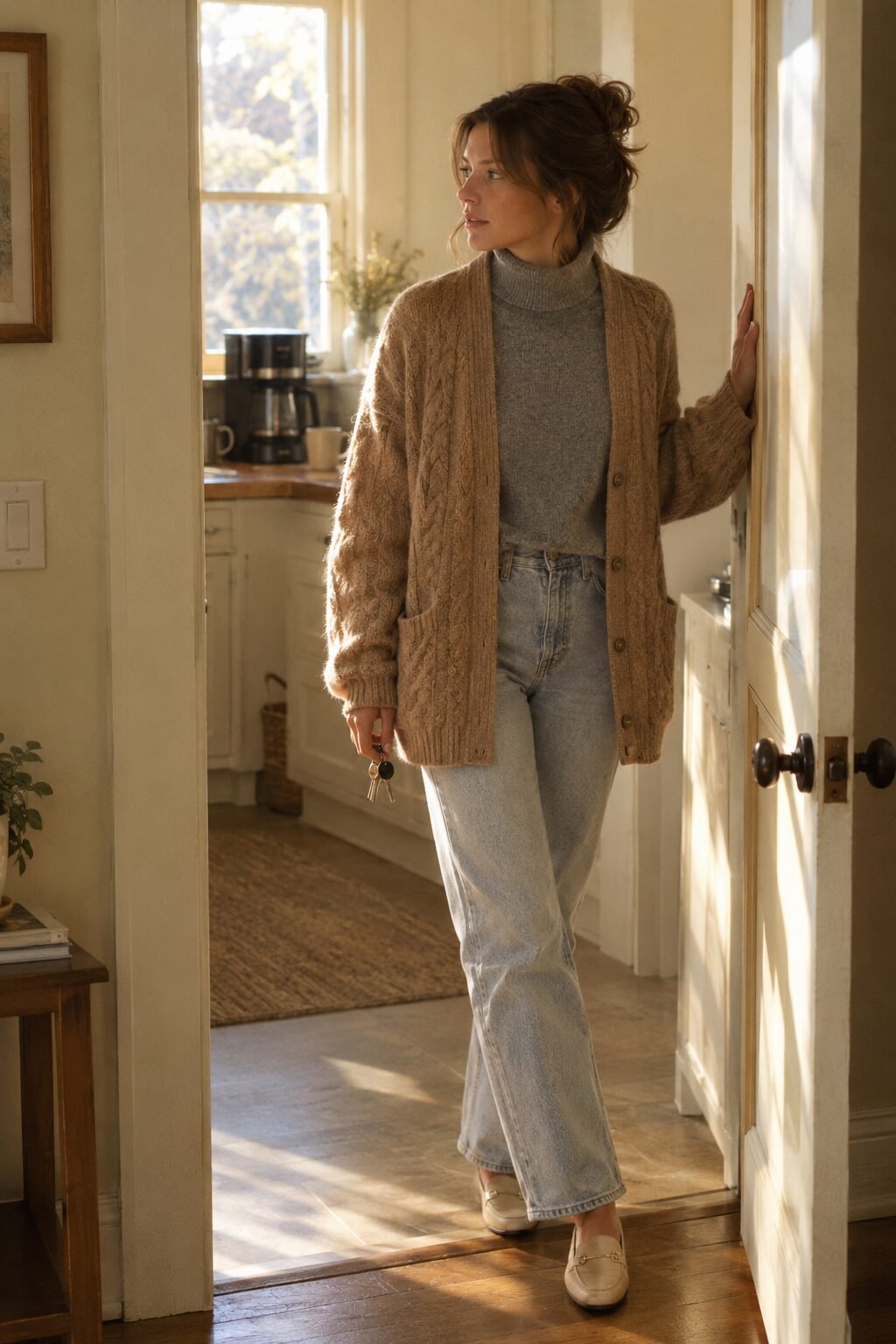 classy fall outfit under $100: camel cable-knit cardigan over a heather grey turtleneck with straight-leg jeans
