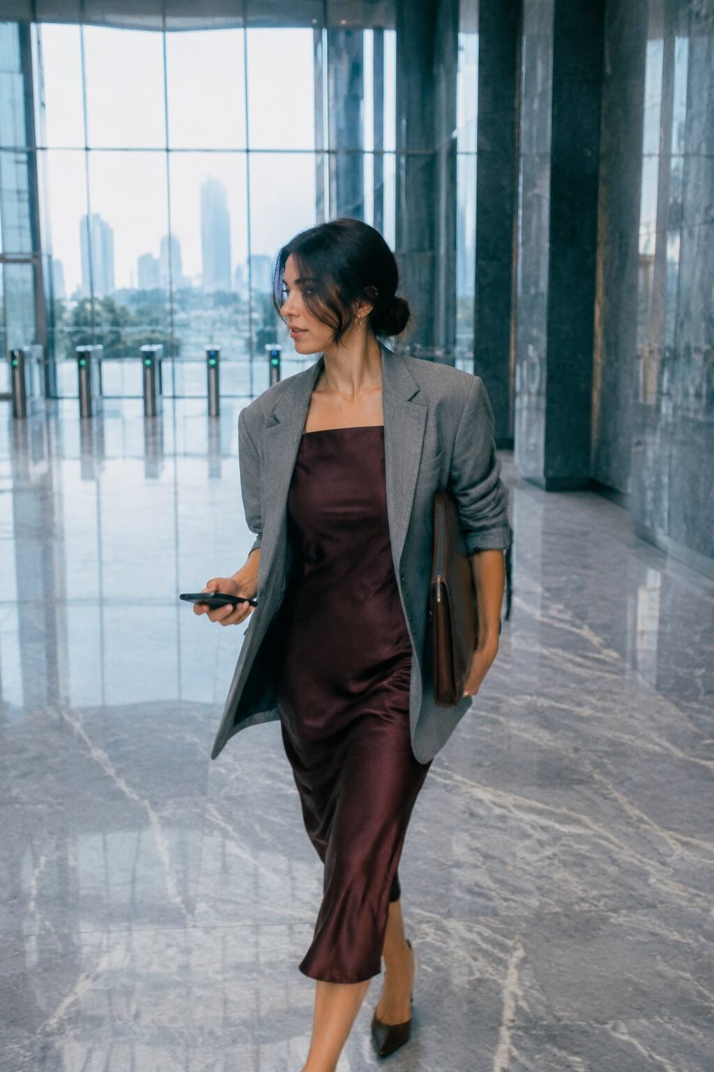 office-appropriate halloween outfit: burgundy silk dress layered under a grey boyfriend blazer