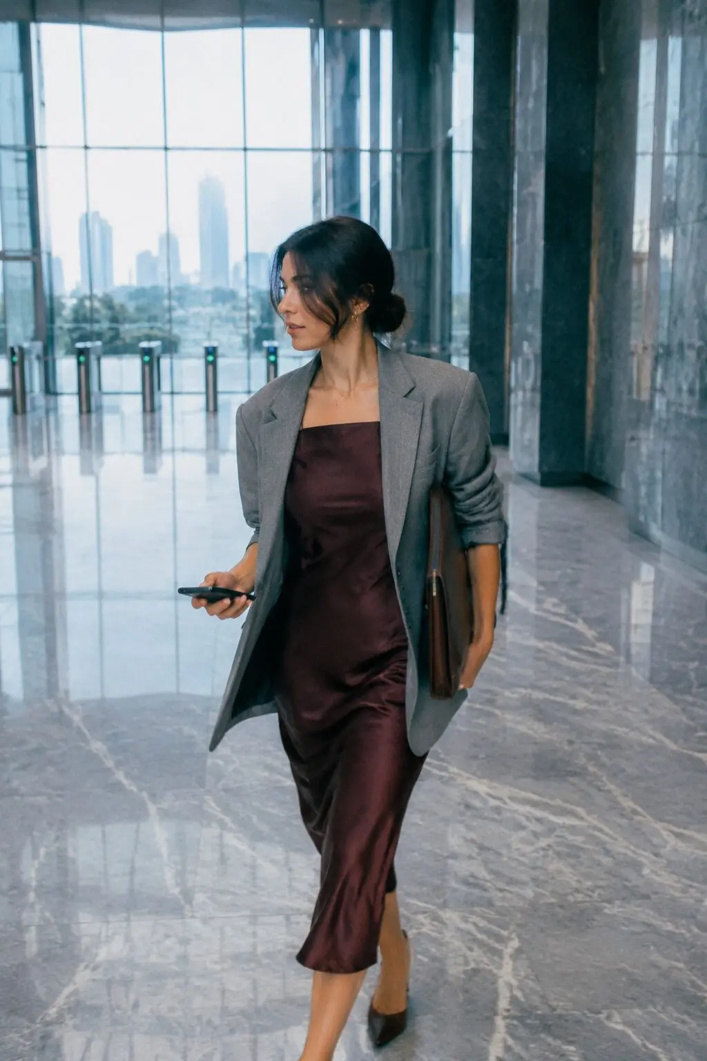 office-appropriate halloween outfit: burgundy silk dress layered under a grey boyfriend blazer