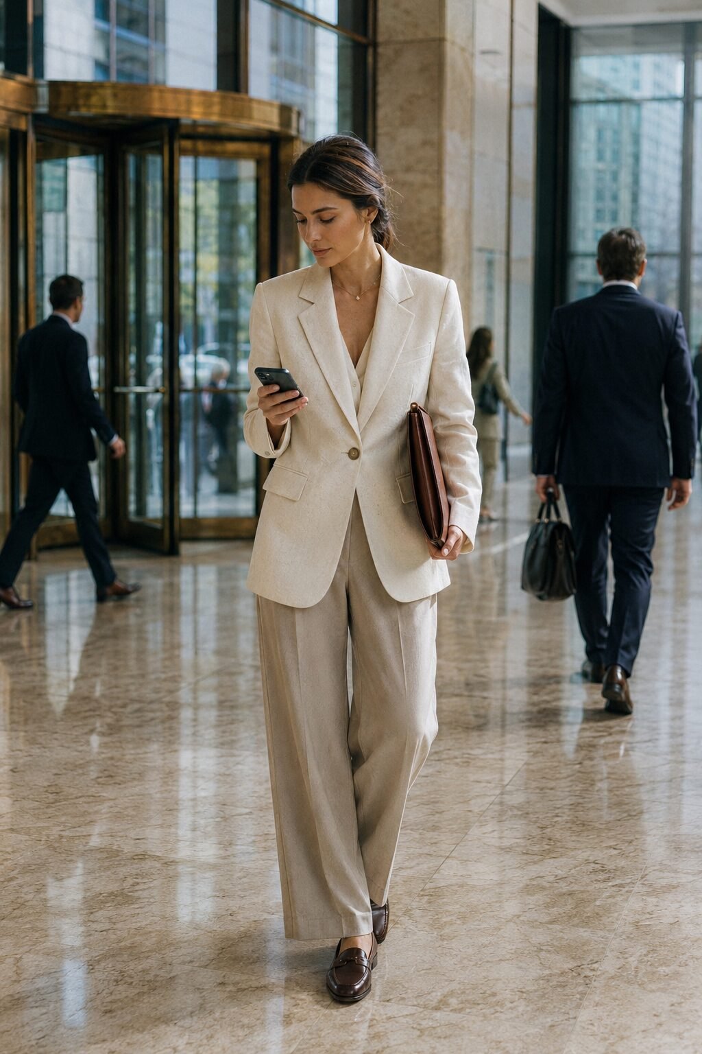 wrinkle-resistant linen outfit: ivory linen-blend blazer with wide-leg stone trousers