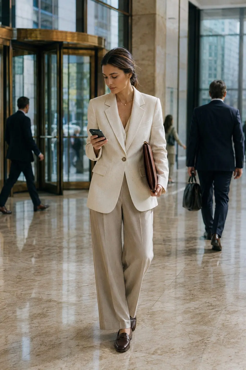 wrinkle-resistant linen outfit: ivory linen-blend blazer with wide-leg stone trousers