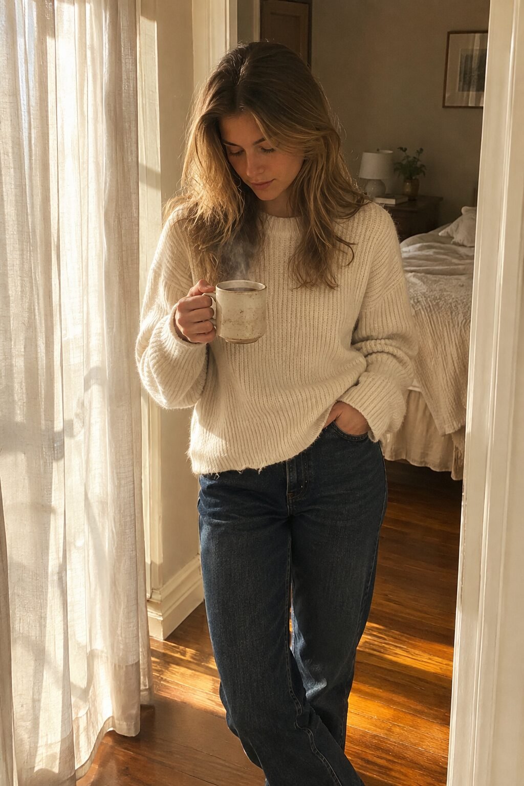 Woman in a cream ribbed wool sweater and dark denim jeans holding a coffee mug in a sunlit doorway
