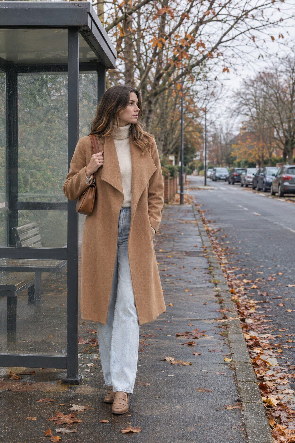 fall layering outfit: off-white cashmere turtleneck, caramel wrap coat and pale straight jeans