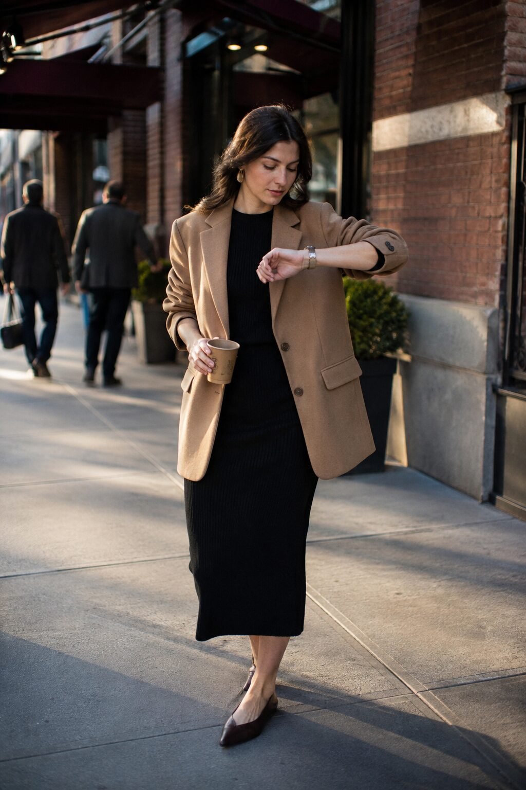 black midi dress and camel blazer outfit for fall, styled with pointed flats