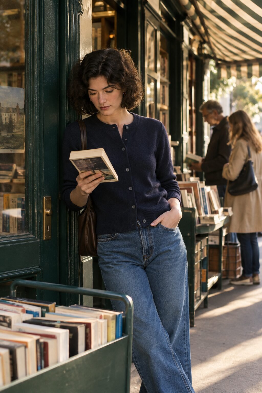 old money style for women: navy merino cardigan buttoned over mid-wash relaxed straight jeans