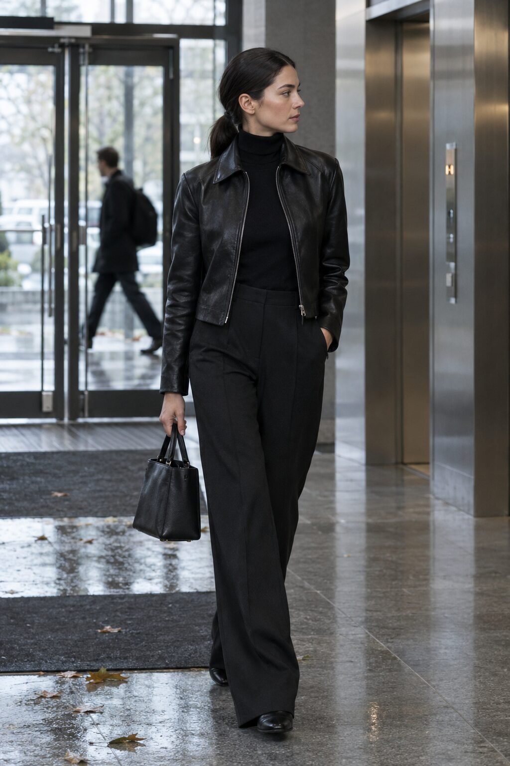 spooky season office outfit: black cashmere turtleneck, wide-leg black trousers, cropped leather jacket, and mini black leather tote