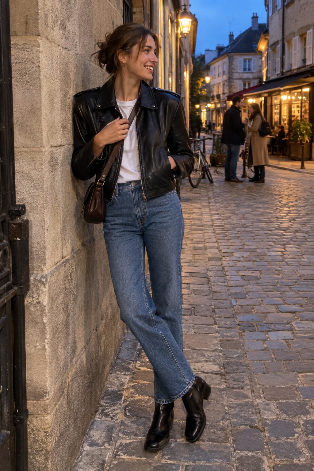 fall outfit with ankle boots: black leather moto jacket and straight-leg denim