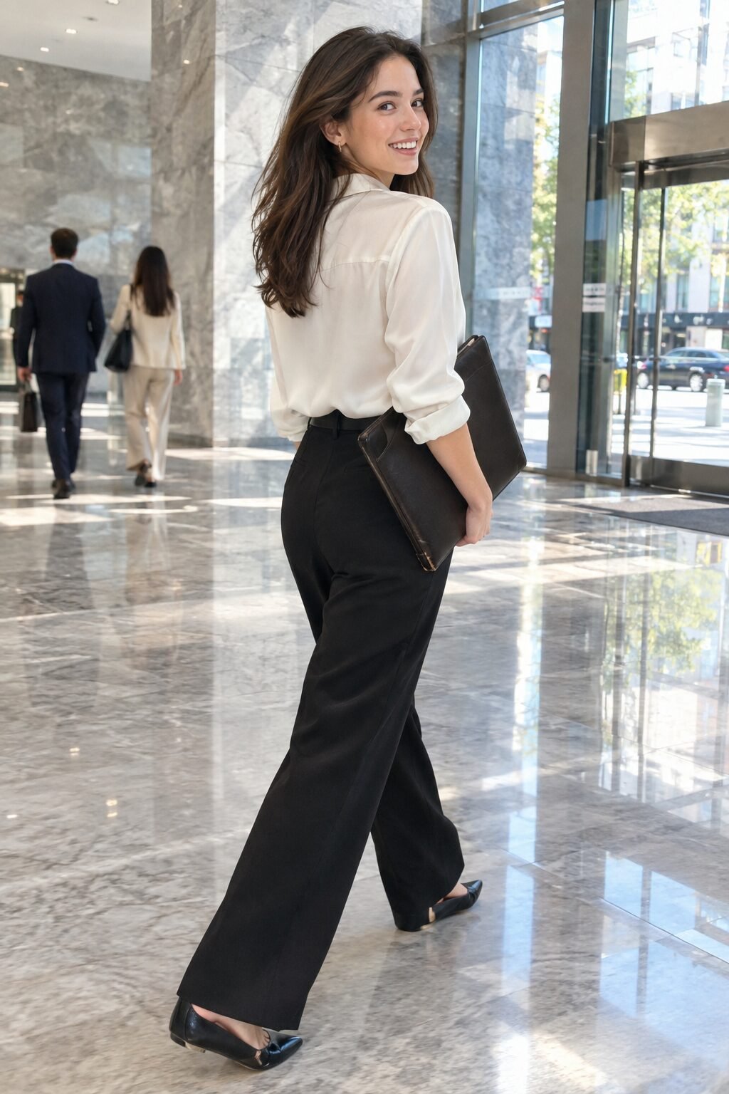 how to style an ivory silk blouse with black tailored trousers for the office