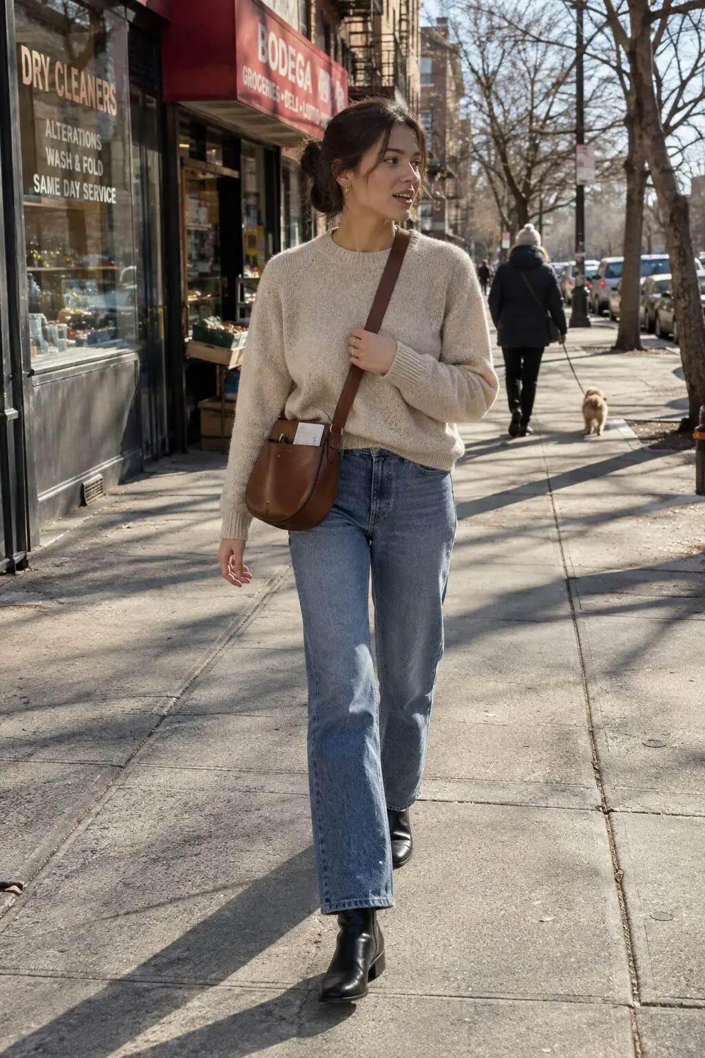 cashmere capsule wardrobe weekend outfit: oatmeal cashmere crewneck sweater, straight-leg jeans, black ankle boots, and a saddle leather bag