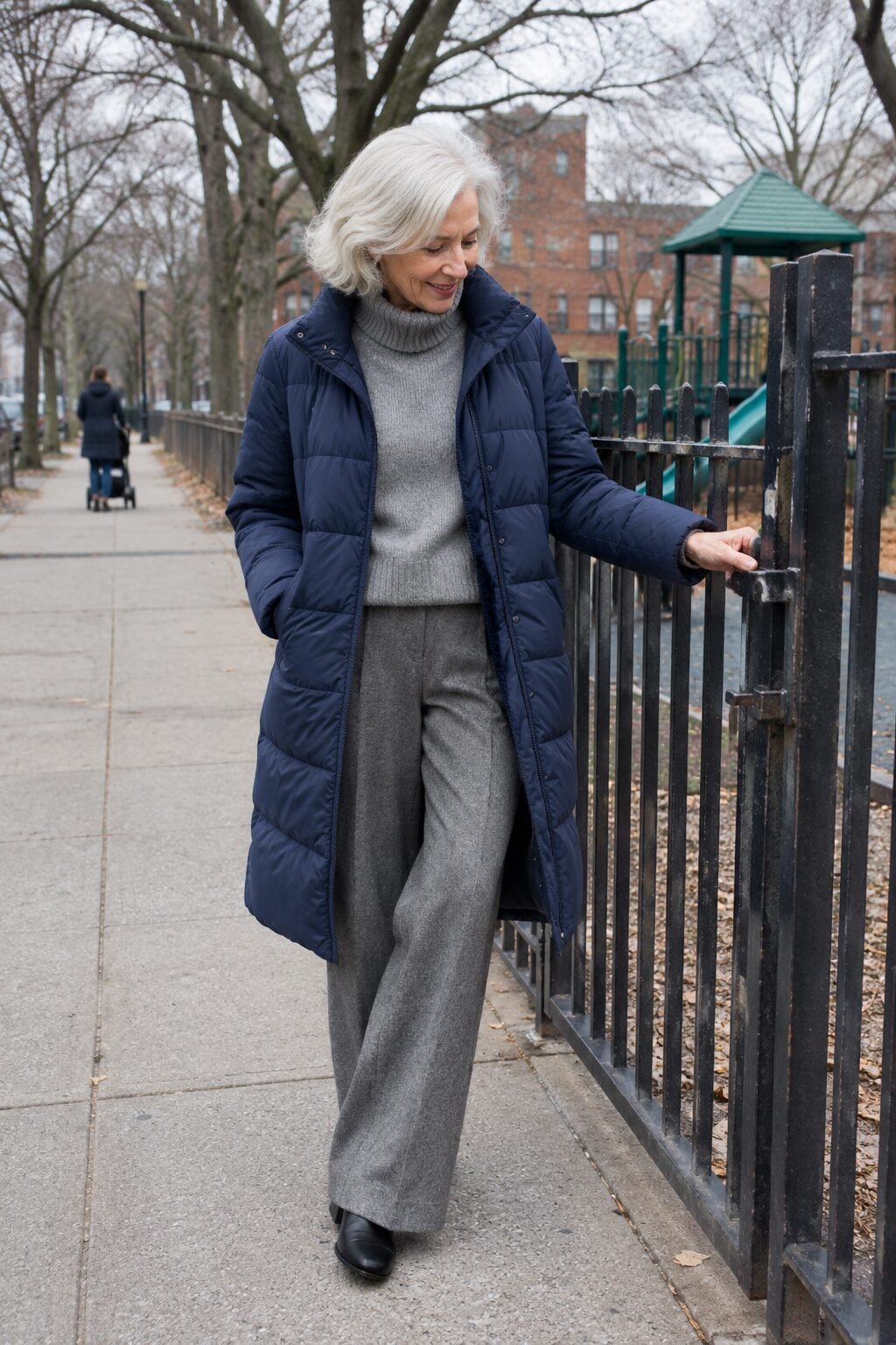 warm winter outfit for a woman in her 70s: navy quilted puffer coat over a grey cashmere turtleneck and wide-leg wool trousers