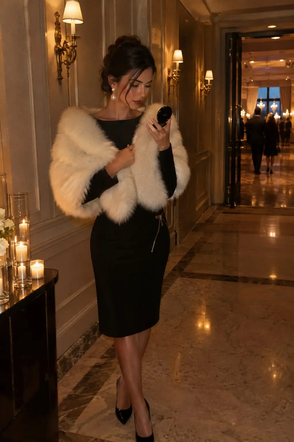 woman wearing a black long-sleeve sheath dress with an ivory faux fur stole and pearl drop earrings for an evening wedding reception