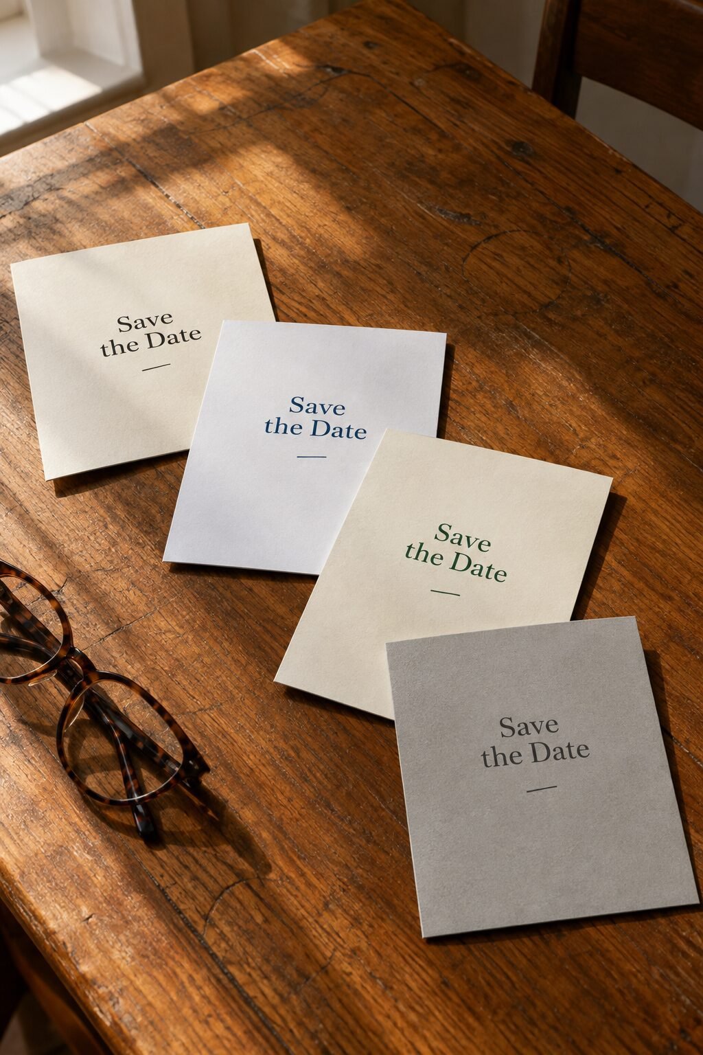 elegant save the date cards in black ink on ivory and navy ink on white laid on a wooden table