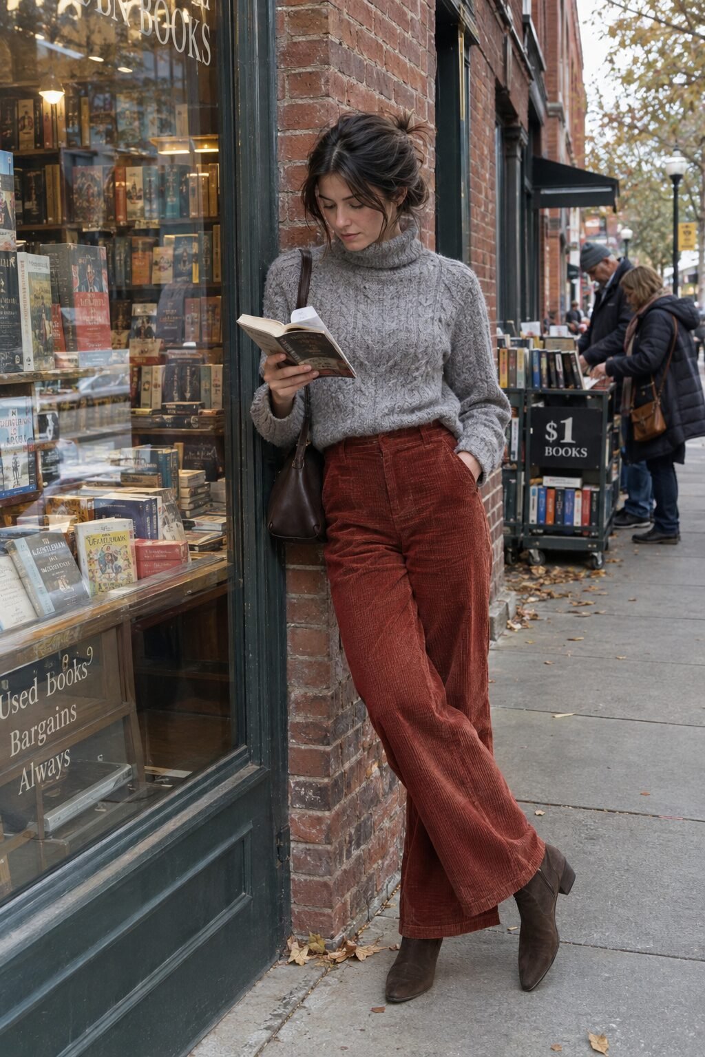 dark academia fall outfit: heather grey cable-knit turtleneck and rust wide-leg corduroy trousers with chocolate ankle boots