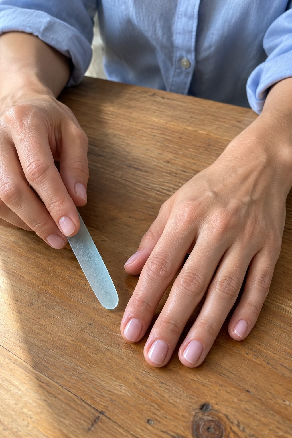 hands on a wooden table with soft squoval nails in sheer pink beside a glass nail file, the classic old money nail shape