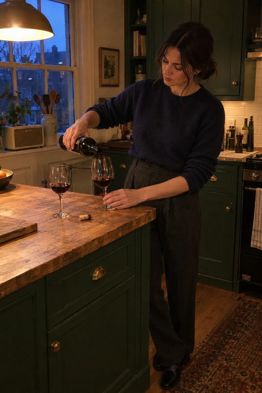 A woman in a navy sweater pouring red wine at a kitchen counter in warm evening lamplight