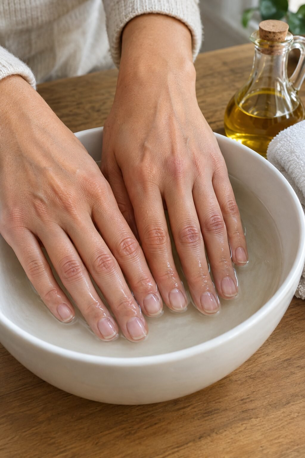 close-up of hands soaking in a white ceramic bowl of warm water beside a small glass cruet of olive oil