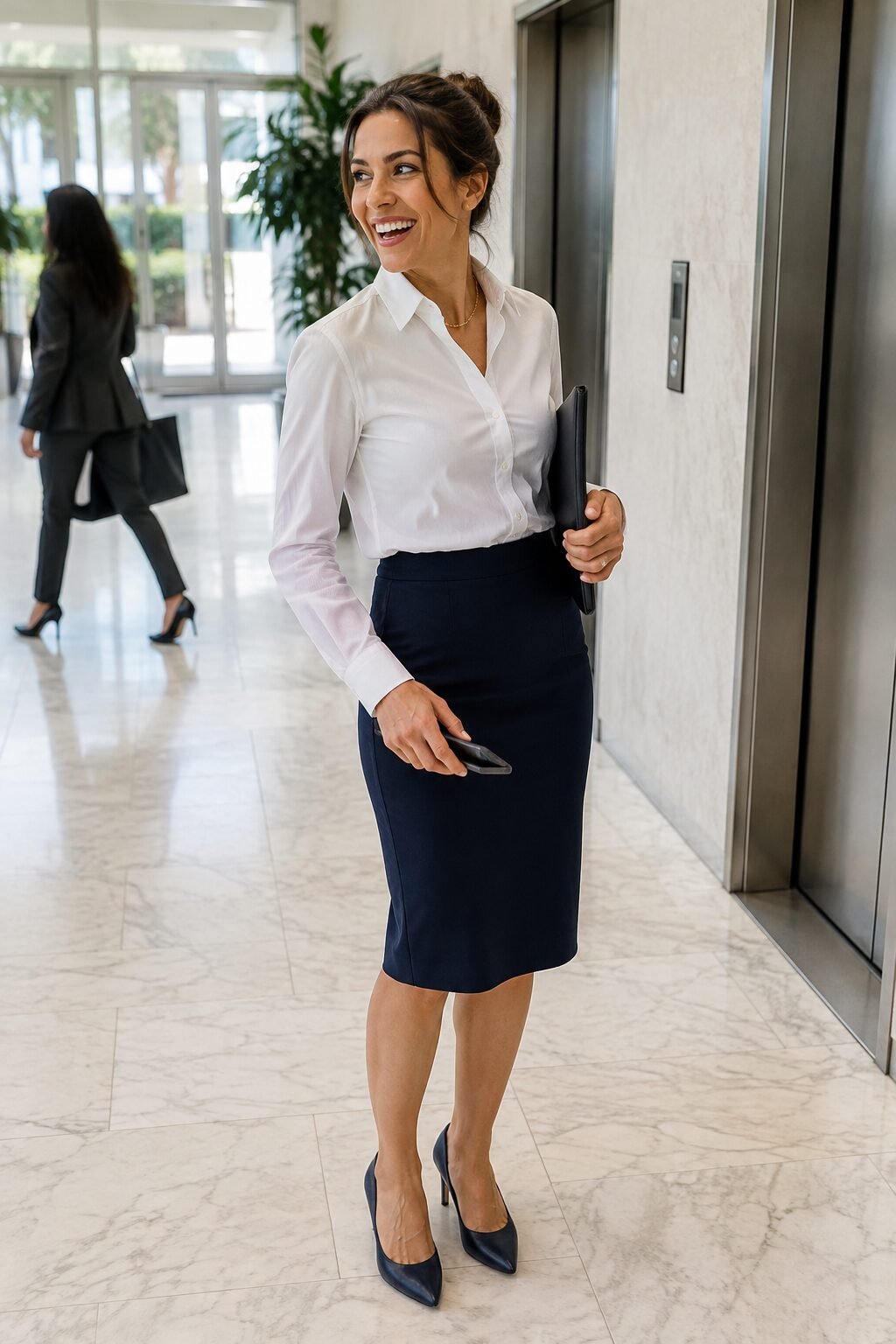how to style a white button-down: crisp white shirt tucked into a navy pencil skirt with gold jewelry for the office